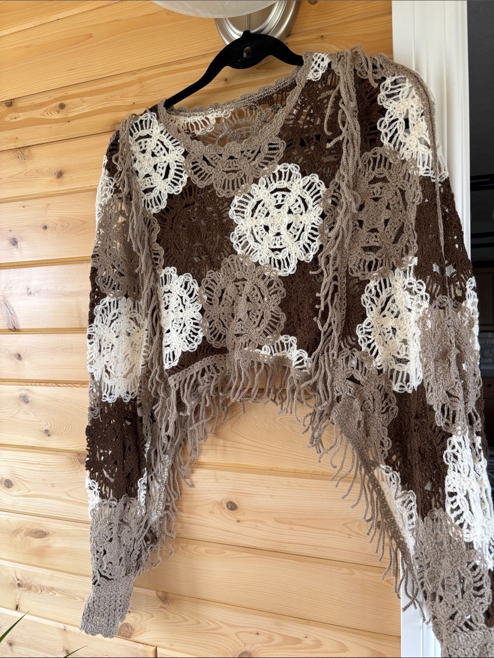 New Boho Crochet Fringe Women's Sweater - Brown & Cream